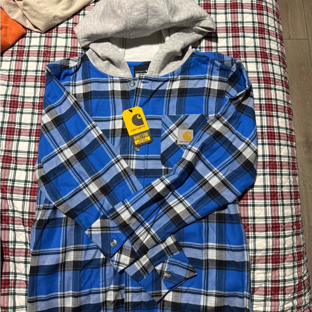 Carhartt Kids Blue and Black Plaid Hooded Shirt
